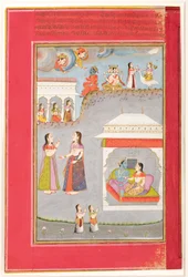 Labdhapraudha Nayika: Amantes en un pabellón, Kama, Brahma y Sarasvati arriba, 1750